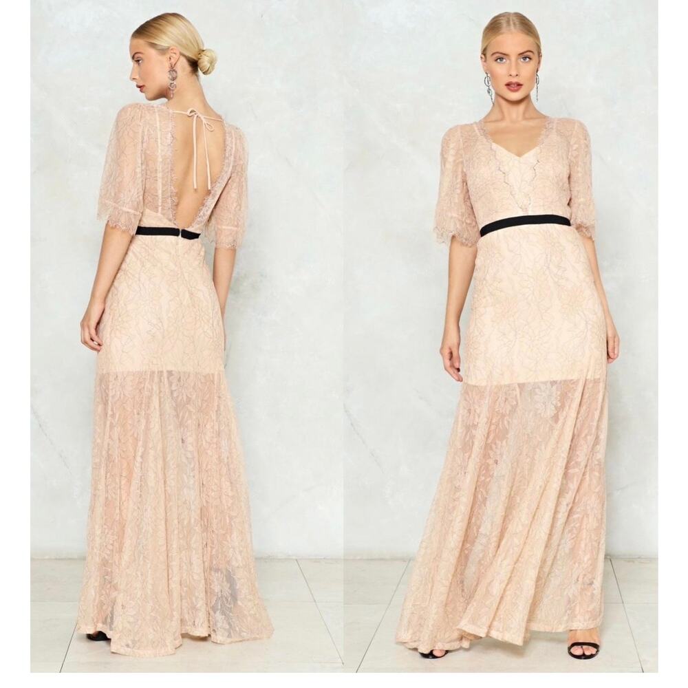 Lucy Wang Blush Lace Maxi Dress 💕 Romantic Vintage Wedding Guest Gown Size L